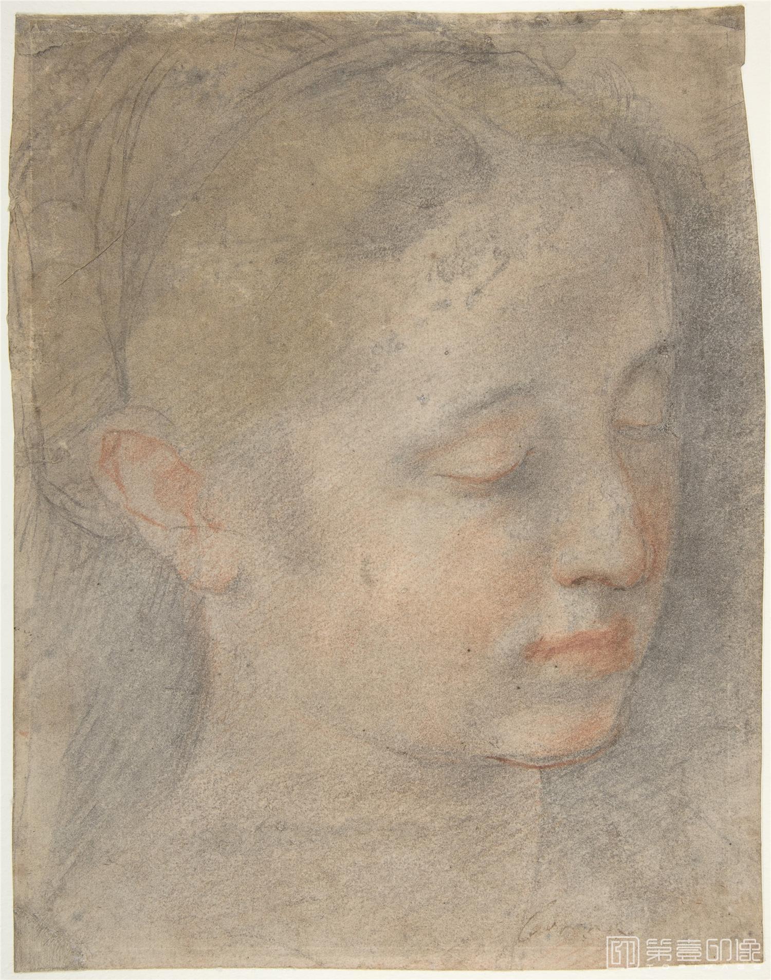 素描-美国纽约大都会美术馆素描藏画-Federico BarocciHead of a Young Woman Looking to Lower Right-0594